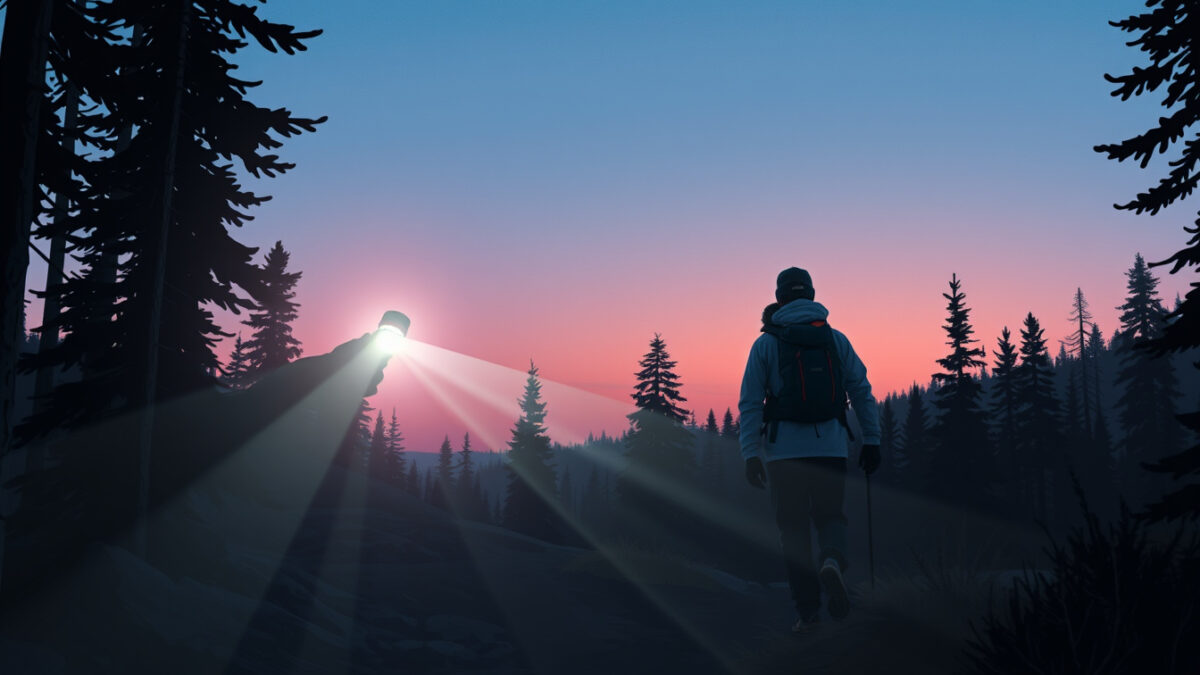 Otsalamppu päässä polulla hämärässä metsässä valaisemassa kulkijan tietä, jossa tarkastellaan tehon ja kestävyyden merkitystä ulkoilussa.