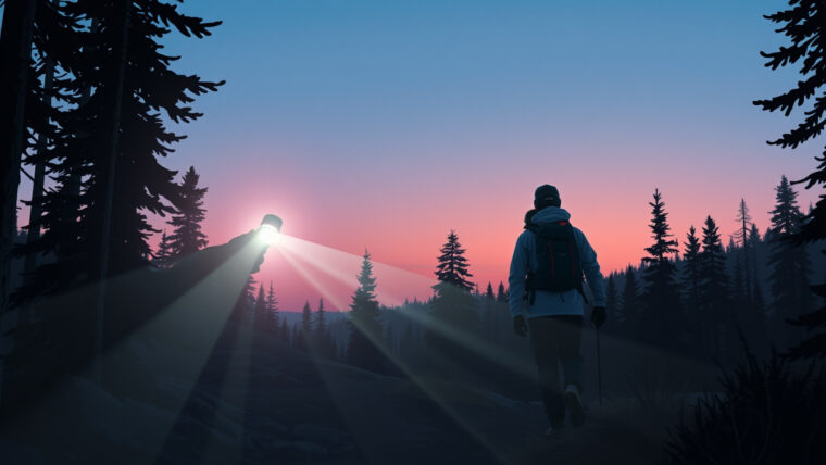 Otsalamppu päässä polulla hämärässä metsässä valaisemassa kulkijan tietä, jossa tarkastellaan tehon ja kestävyyden merkitystä ulkoilussa.