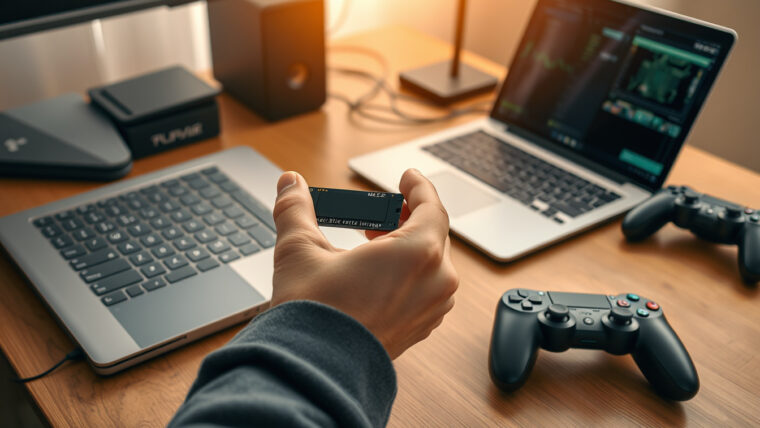 Henkilö vertaa pöydällä M.2-korttimaista SSD-levyä ja 2,5 tuuman SATA-levyä avoimen kannettavan ja peliohjaimen äärellä.