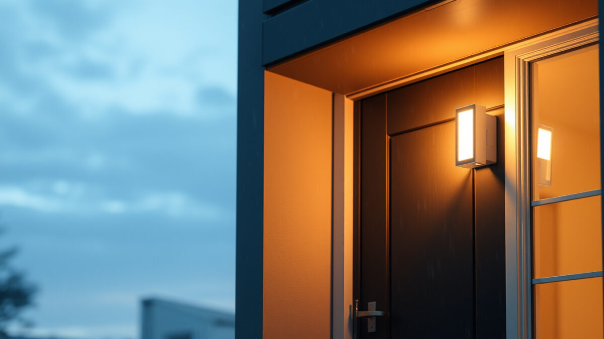 Lämminvalkoinen LED-ulkoseinävalaisin oven vieressä talon julkisivulla hämärässä, roiskeita kestävä ulkovalaisin asennettuna seinään