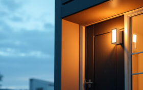 Lämminvalkoinen LED-ulkoseinävalaisin oven vieressä talon julkisivulla hämärässä, roiskeita kestävä ulkovalaisin asennettuna seinään