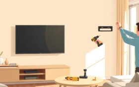 Olohuoneen seinälle kiinnitettävä televisio ja seinäteline, käsissä mittanauha ja porakone asennusta valmistelemassa.