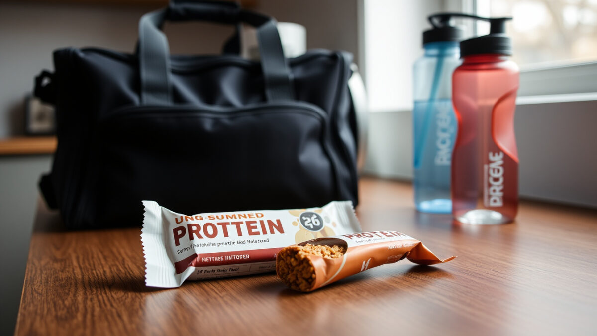 Kaksi merkitöntä proteiinipatukkaa puiseen pöytään aseteltuna gym-laukun ja vesipullon vieressä keittiössä.